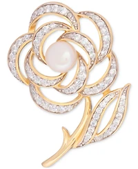 Cultured Freshwater Pearl (6-1/2mm) & Cubic Zirconia Flower & Stem Pin in 18k Gold-Plated Sterling Silver