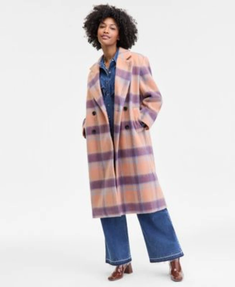 On 34th Womens Brushed Plaid Double Breasted Coat Denim Ruffle Shirt Released Hem Jeans Necklace Margoe Square Toe Booties Macys Exclusive