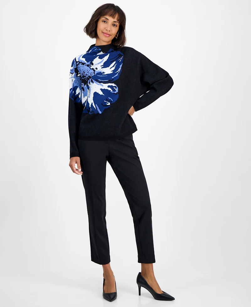 T Tahari Women's Floral Funnel-Neck Long-Sleeve Sweater