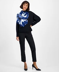T Tahari Women's Floral Funnel-Neck Long-Sleeve Sweater