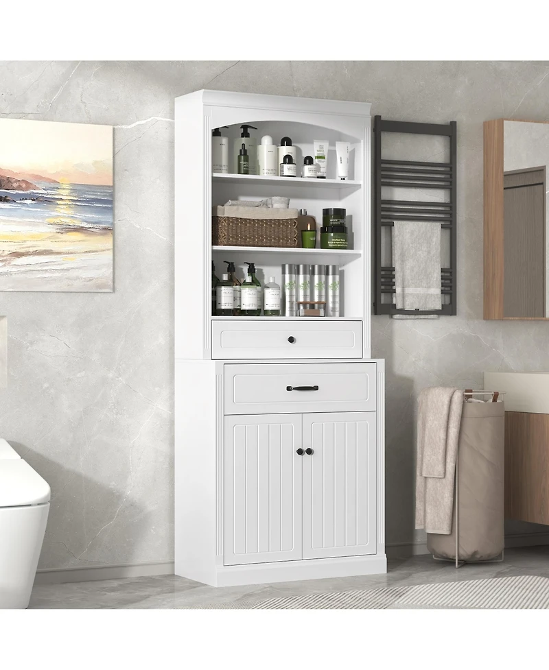 Casainc White Bathroom Storage Cabinet with Two Doors, Drawers, Adjustable Shelf & Open Shelves