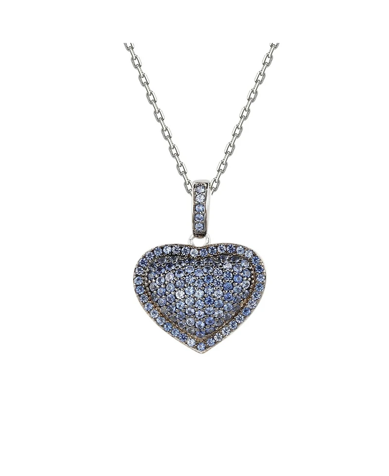 Suzy Levian New York Sterling Silver Sapphire Pave Puff Heart Pendant Necklace