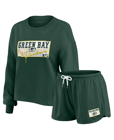Wear by Erin Andrews Women's 2-Piece Green Bay Packers Heavy Rugby Jersey Long Sleeve T-Shirt and Shorts Lounge Set