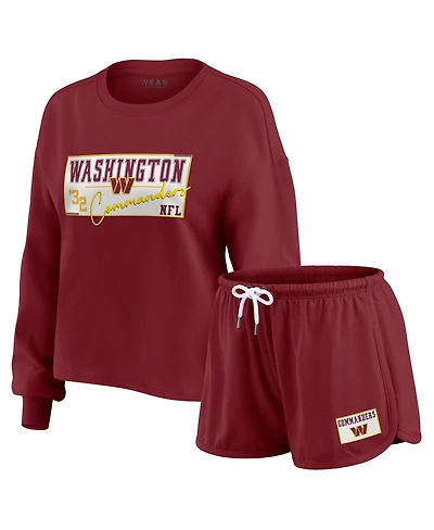 Wear by Erin Andrews Women's 2-Piece Burgundy Washington Commanders Heavy Rugby Jersey Long Sleeve T-Shirt and Shorts Lounge Set