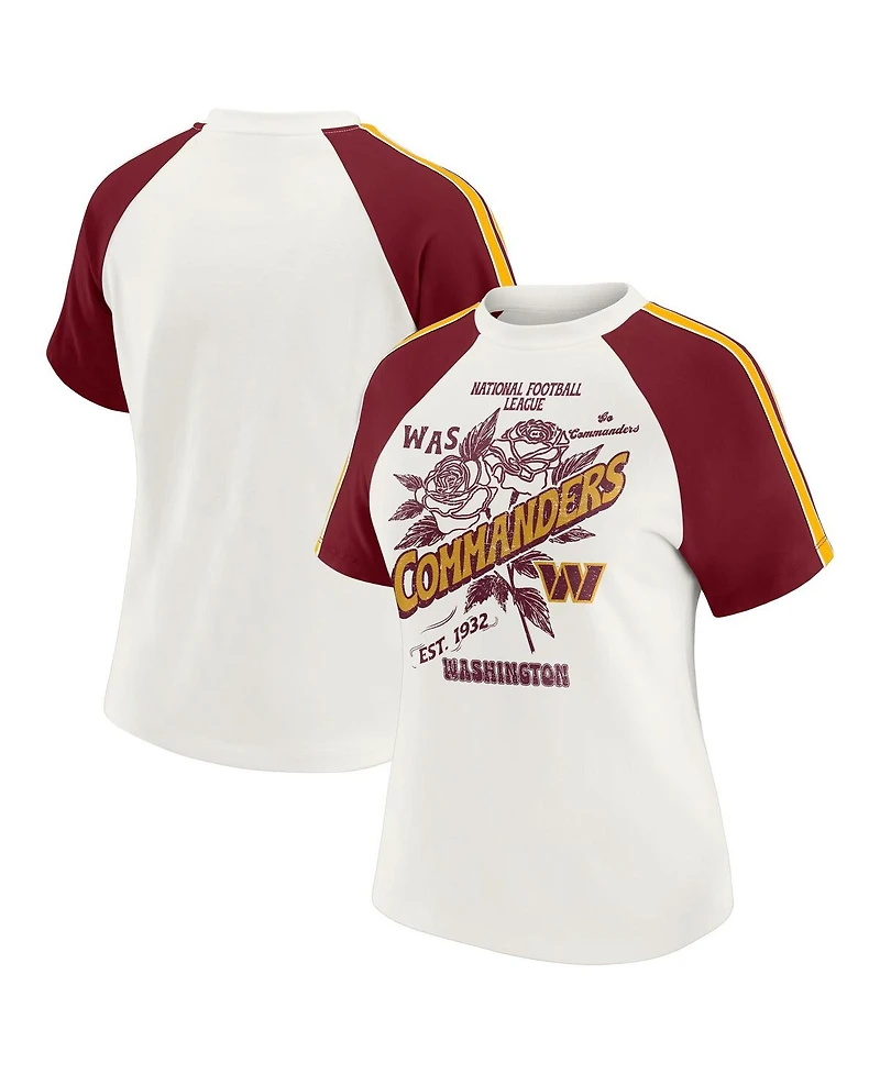 Wear by Erin Andrews Women's White Washington Commanders Sleeve Stripe Distressed Raglan T-Shirt