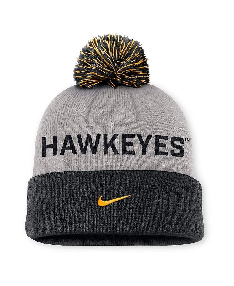 Nike Men's Gray/Black Iowa Hawkeyes Primetime Peak Cuffed with Pom Knit Hat