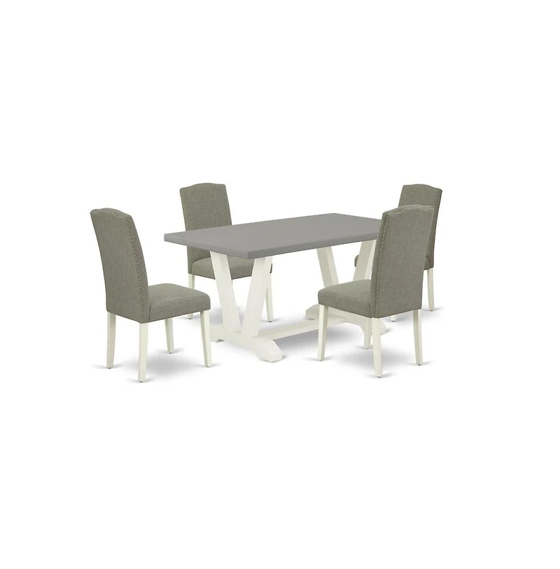 East West Furniture 5-Piece Amazing Dinette Set an Excellent Cement Color Wood Table Top and 4 Stunning Linen Fabric Dining Chairs with Nails Head and