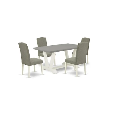 East West Furniture 5-Piece Amazing Dinette Set an Excellent Cement Color Wood Table Top and 4 Stunning Linen Fabric Dining Chairs with Nails Head and