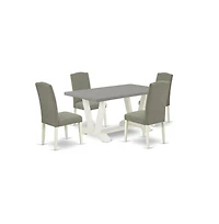 East West Furniture 5-Piece Amazing Dinette Set an Excellent Cement Color Wood Table Top and 4 Stunning Linen Fabric Dining Chairs with Nails Head and