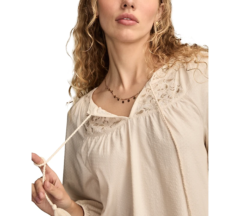 Lucky Brand Women's Embroidered Bubble Peasant Top