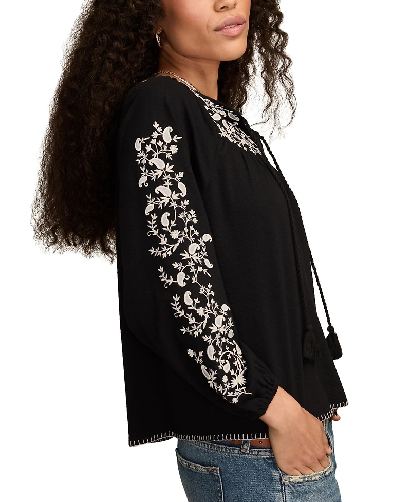 Lucky Brand Women's Embroidered Bubble Peasant Top