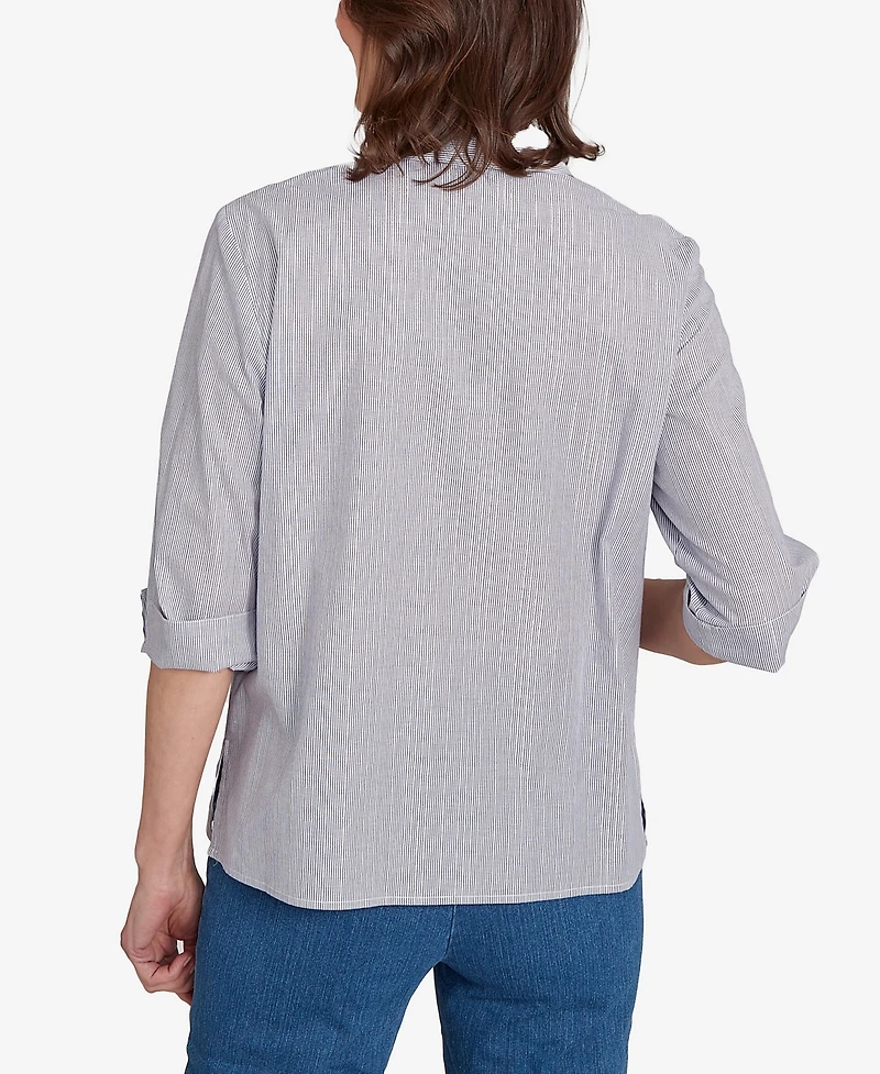 Alfred Dunner Women's Classic Diagonal Floral Metallic Stripe Button Front Top