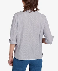Alfred Dunner Women's Classic Diagonal Floral Metallic Stripe Button Front Top