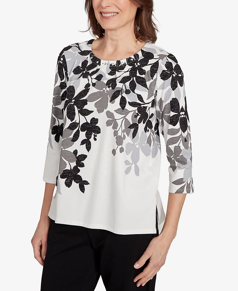 Alfred Dunner Women's Classic Shadow Leaf Three Quarter Sleeve Top