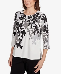 Alfred Dunner Women's Classic Shadow Leaf Three Quarter Sleeve Top