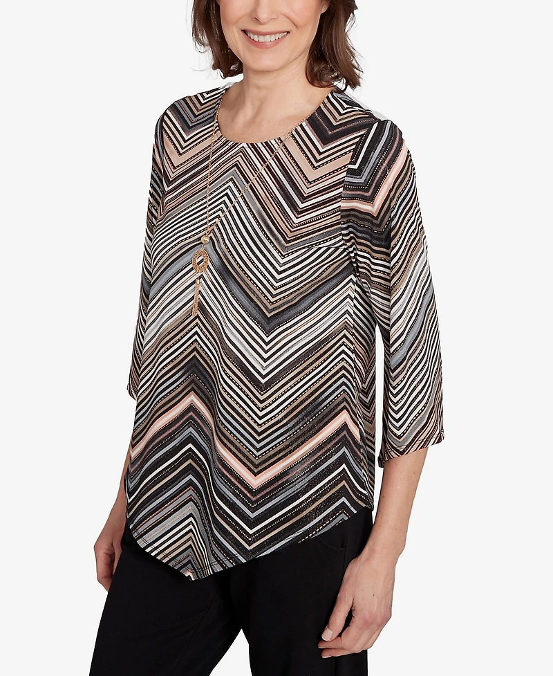 Alfred Dunner Women's Classic Chevron Stripe Top with Necklace