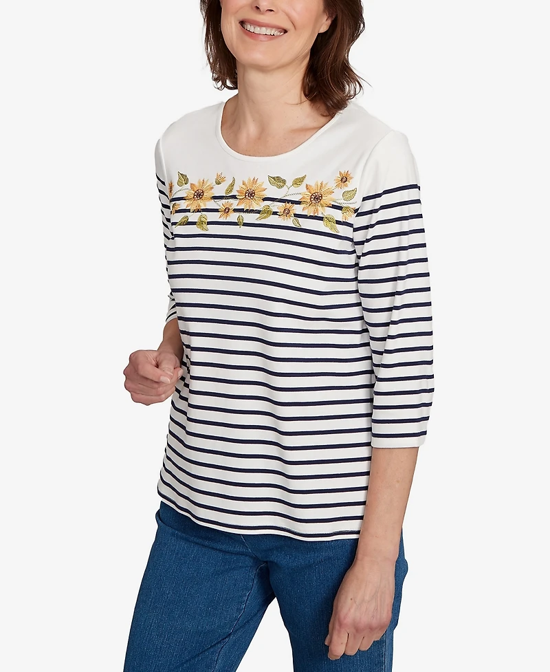 Alfred Dunner Women's Classic Sunflower Striped Crew Neck Top