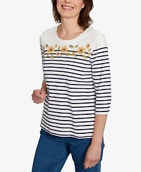 Alfred Dunner Women's Classic Sunflower Striped Crew Neck Top