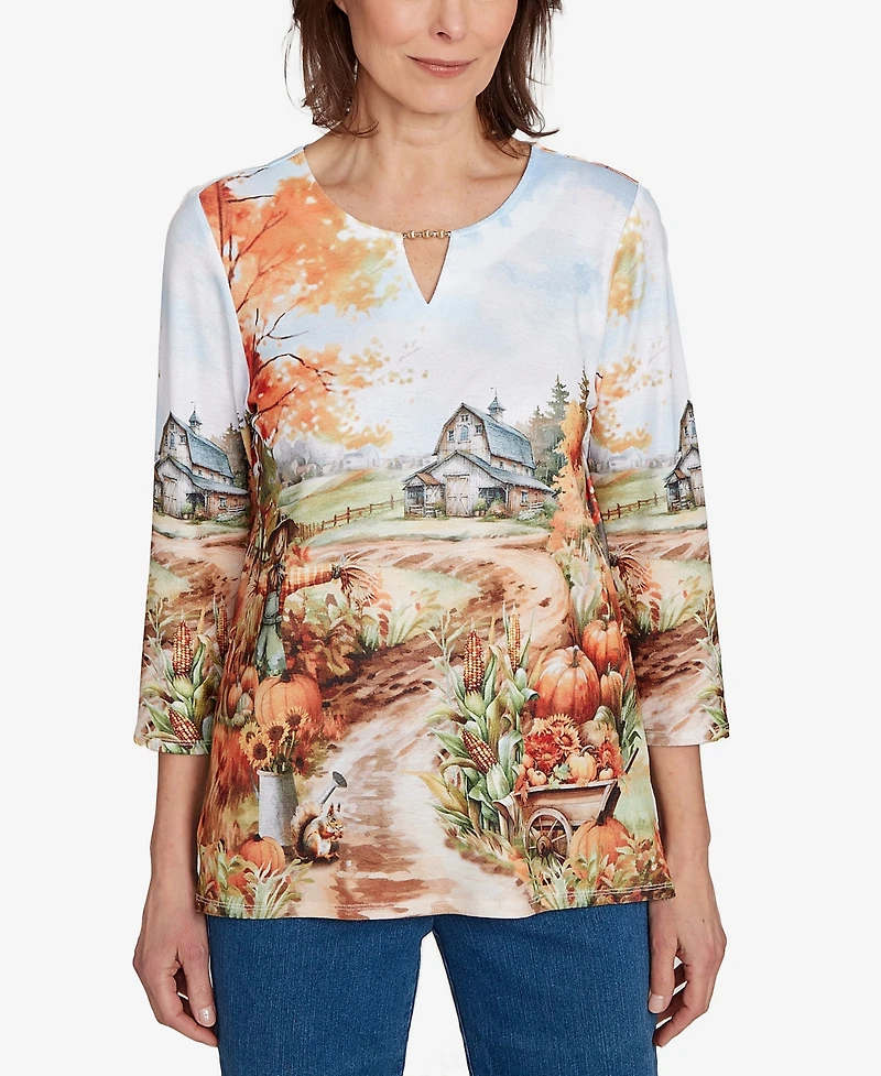 Alfred Dunner Women's Classic Farm Landscape Harvest Floral Top