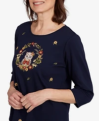 Alfred Dunner Women's Classic Owl Wreath Embroidered Crew Neck Top