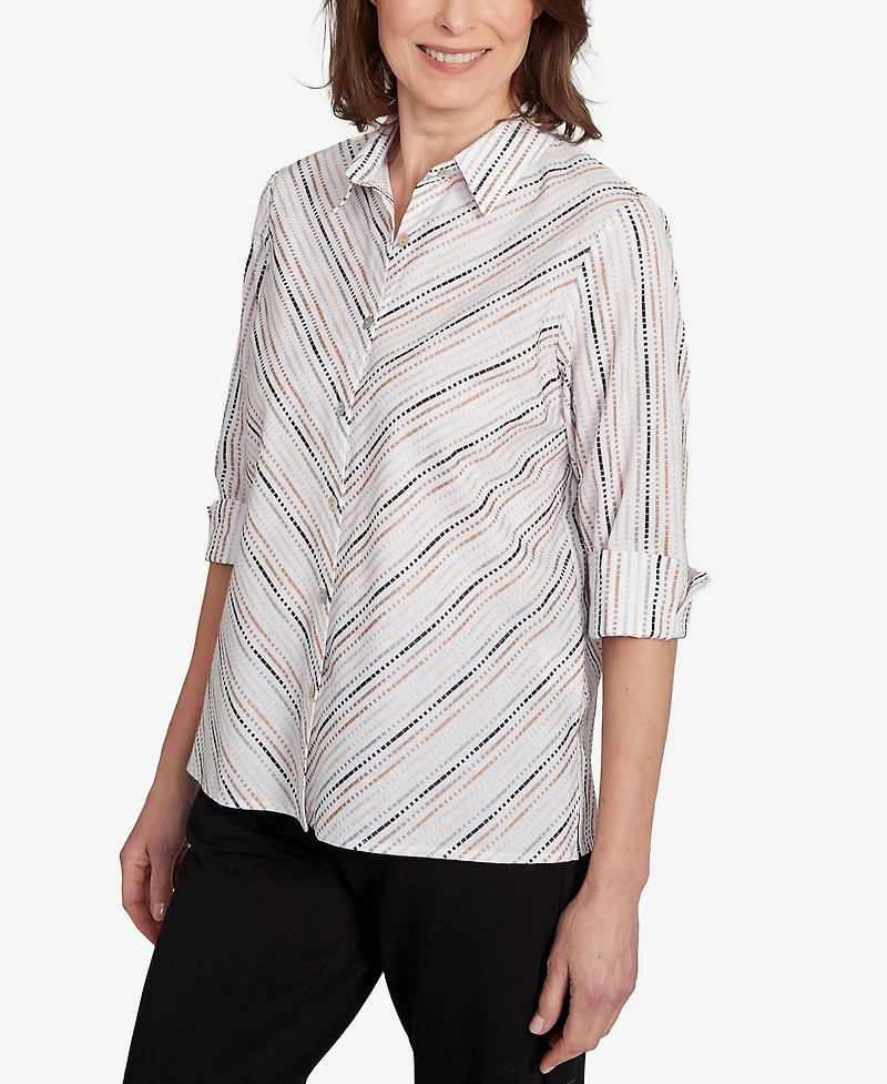 Alfred Dunner Women's Classic Mitered Textured Stripe Button Front Top