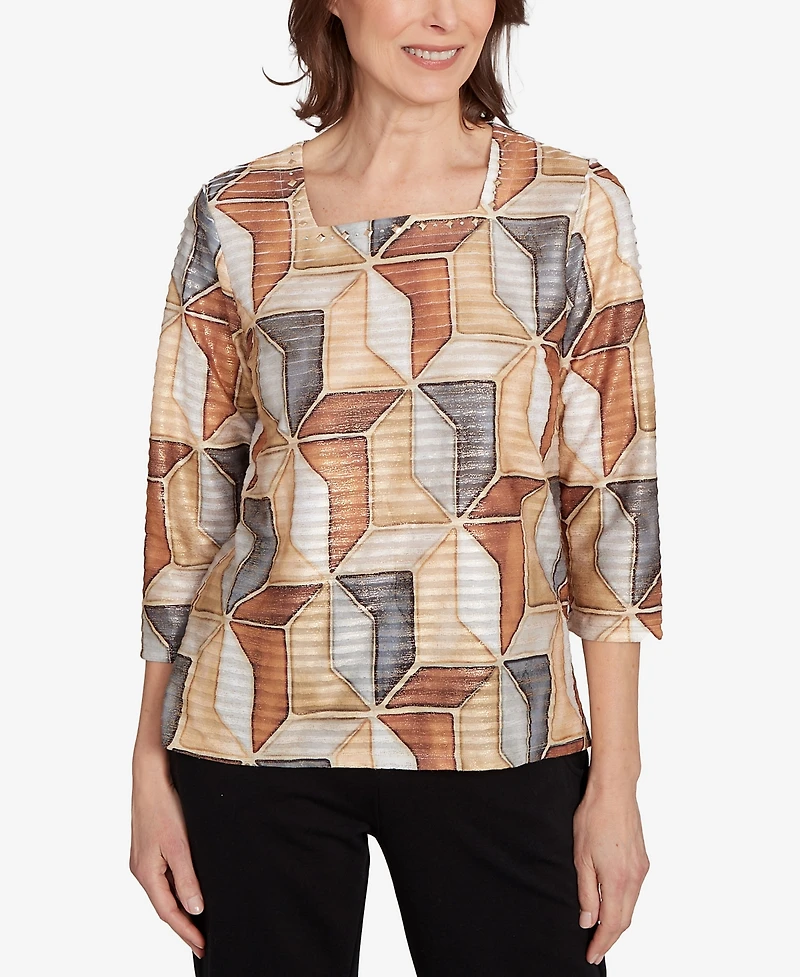 Alfred Dunner Women's Classic Stained Glass Square Neck Top
