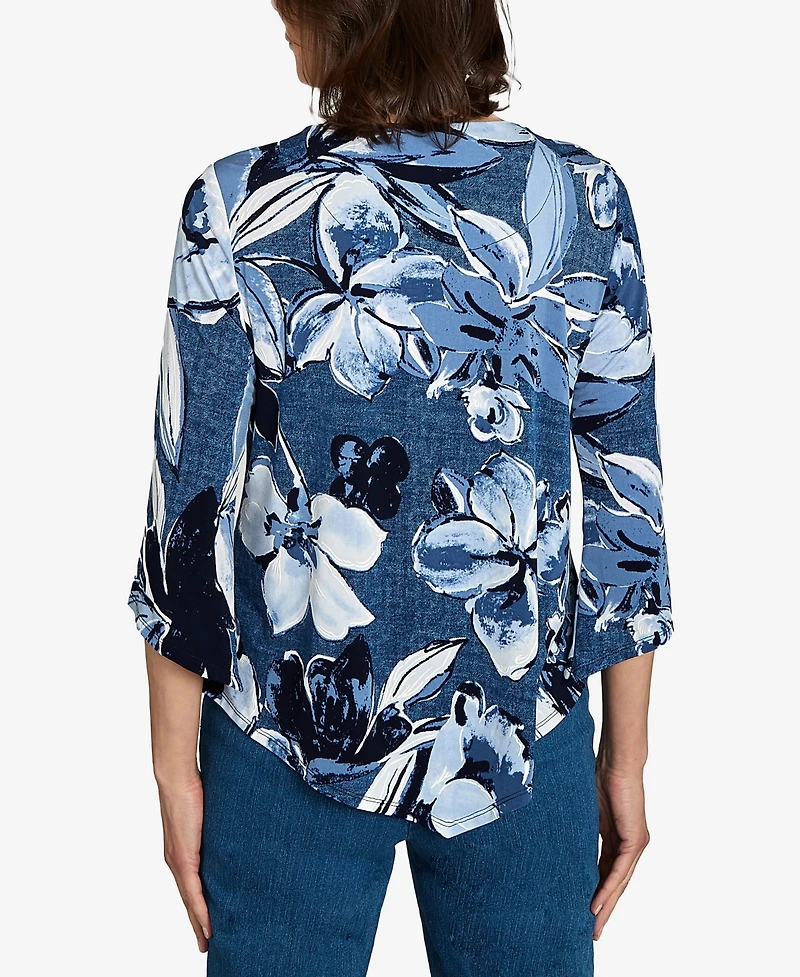 Alfred Dunner Women's Classic Puff Print Denim Floral Top