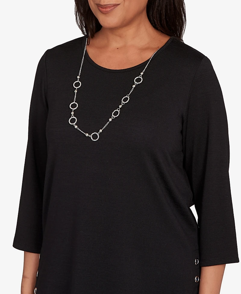 Alfred Dunner Women's Classic Melange Side Button Crew Neck Top with Necklace