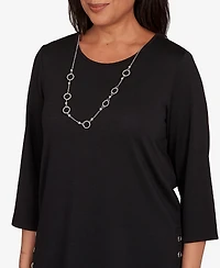 Alfred Dunner Women's Classic Melange Side Button Crew Neck Top with Necklace