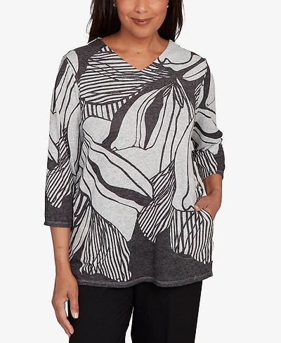 Alfred Dunner Women's Classic Abstract Floral Stripe V-Neck Top