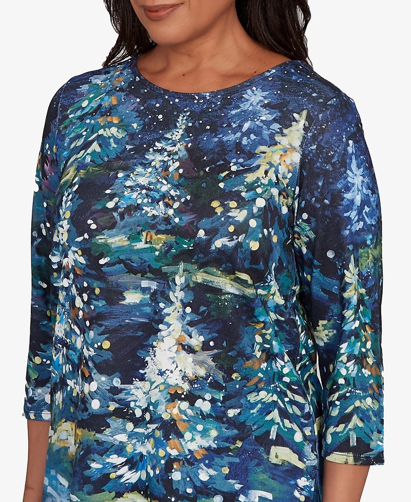 Alfred Dunner Women's Classic Starry Night Holiday Tree Crew Neck Top