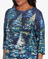 Alfred Dunner Women's Classic Starry Night Holiday Tree Crew Neck Top