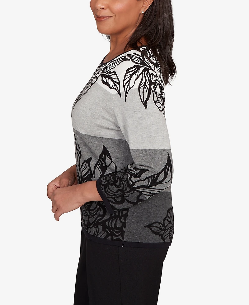 Alfred Dunner Women's Classic Ombre Floral Block Stripe Sweater