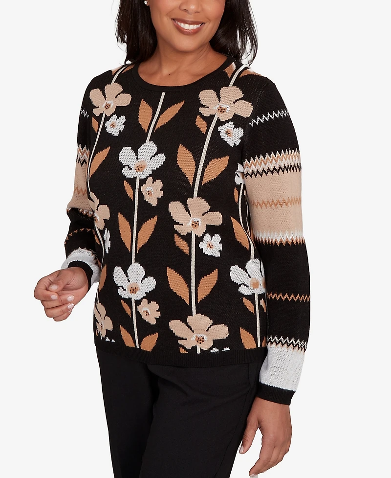 Alfred Dunner Women's Classic Vertical Flower Zig Zag Long Sleeves Sweater