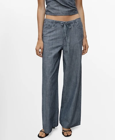 Mango Women's Belted Wide Leg Denim Pants