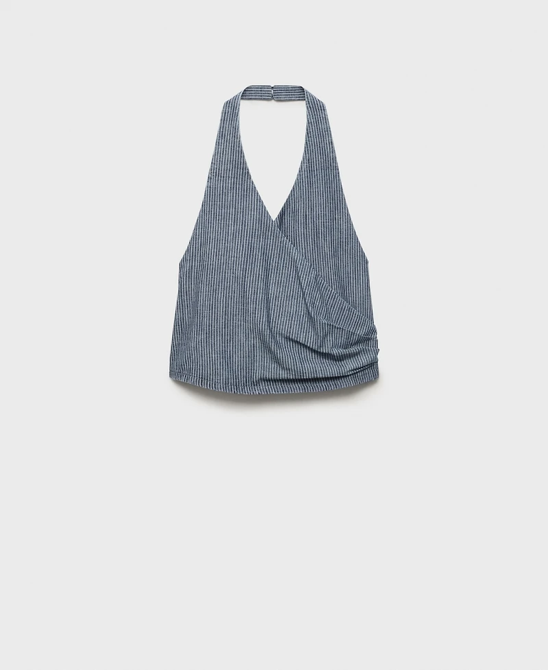 Mango Women's Striped Crossover Denim Top