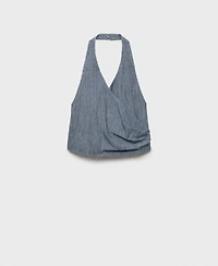 Mango Women's Striped Crossover Denim Top