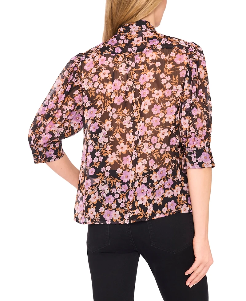 CeCe Women's Ruched Sleeve Hidden Placket Open Collar Top