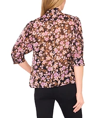 CeCe Women's Ruched Sleeve Hidden Placket Open Collar Top