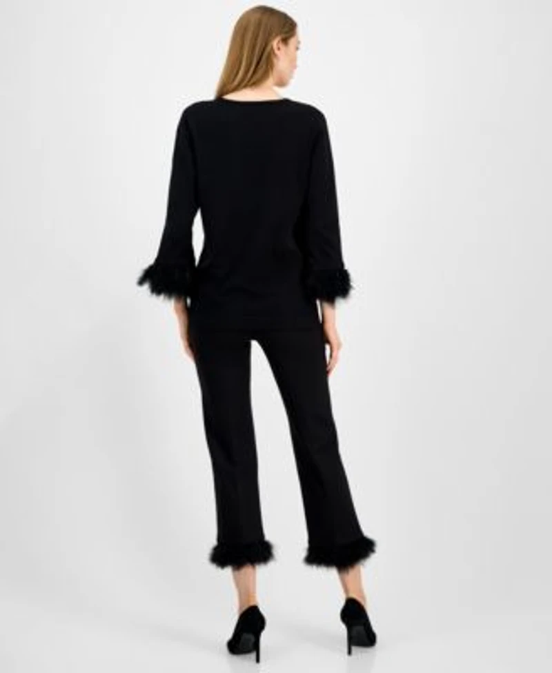 Anne Klein Womens Feather Trim 3 4 Sleeve Top Hollywood Waist Pull On Feather Trim Pants