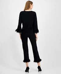 Anne Klein Womens Feather Trim 3 4 Sleeve Top Hollywood Waist Pull On Feather Trim Pants