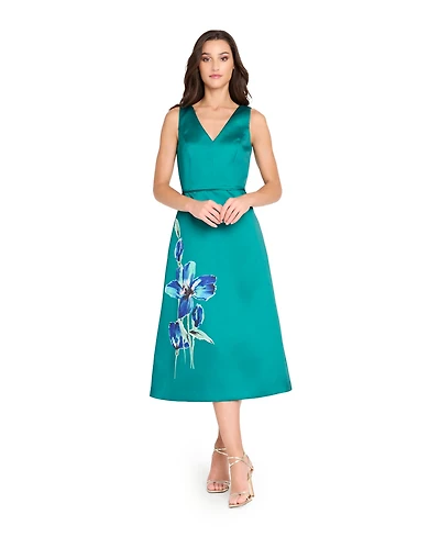 Tahari Asl Women's V-Neck Flower Print Detail Midi Dress