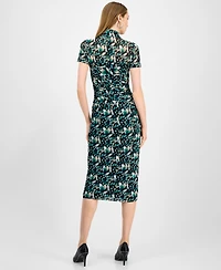 Bar Iii Women's Printed-Mesh Mock-Neck Midi Dress, Macy's Exclusive