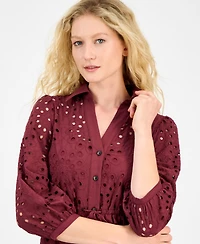 julia jordan Women's Eyelet Tie-Waist 3/4-Sleeve Midi Dress