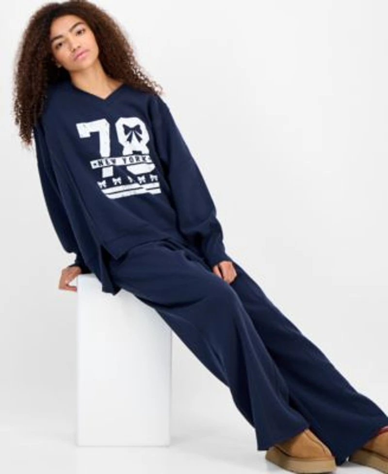 Planet Heart Juniors Oversized Graphic Print Sweatshirt High Rise Fleece Pants