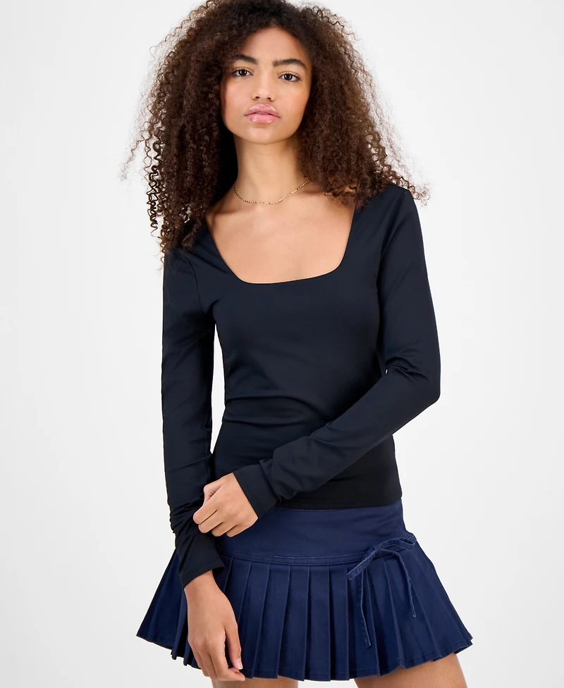 Madden Girl Juniors' Square-Neck Long-Sleeve Fitted Top