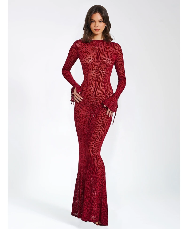 Miss Circle Women Waylynn Burnout Velvet Detail Mesh Backless Maxi Dress