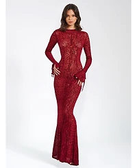 Miss Circle Women Waylynn Burnout Velvet Detail Mesh Backless Maxi Dress