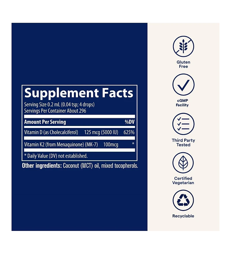Trace Minerals | Liquid Ionic Vitamin D3 + K2 | 125 mcg (5,000 Iu) D3, 100 mcg K2 | Concentrated Dietary Supplement | 2 fl oz. 296 Servings