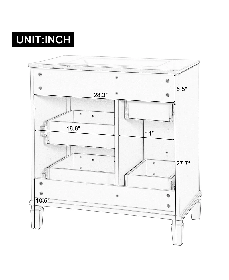 Casainc 30" Bathroom Vanity with Ceramic Sink, Flip-Out Drawer for Plumbing, Soft Close Drawers